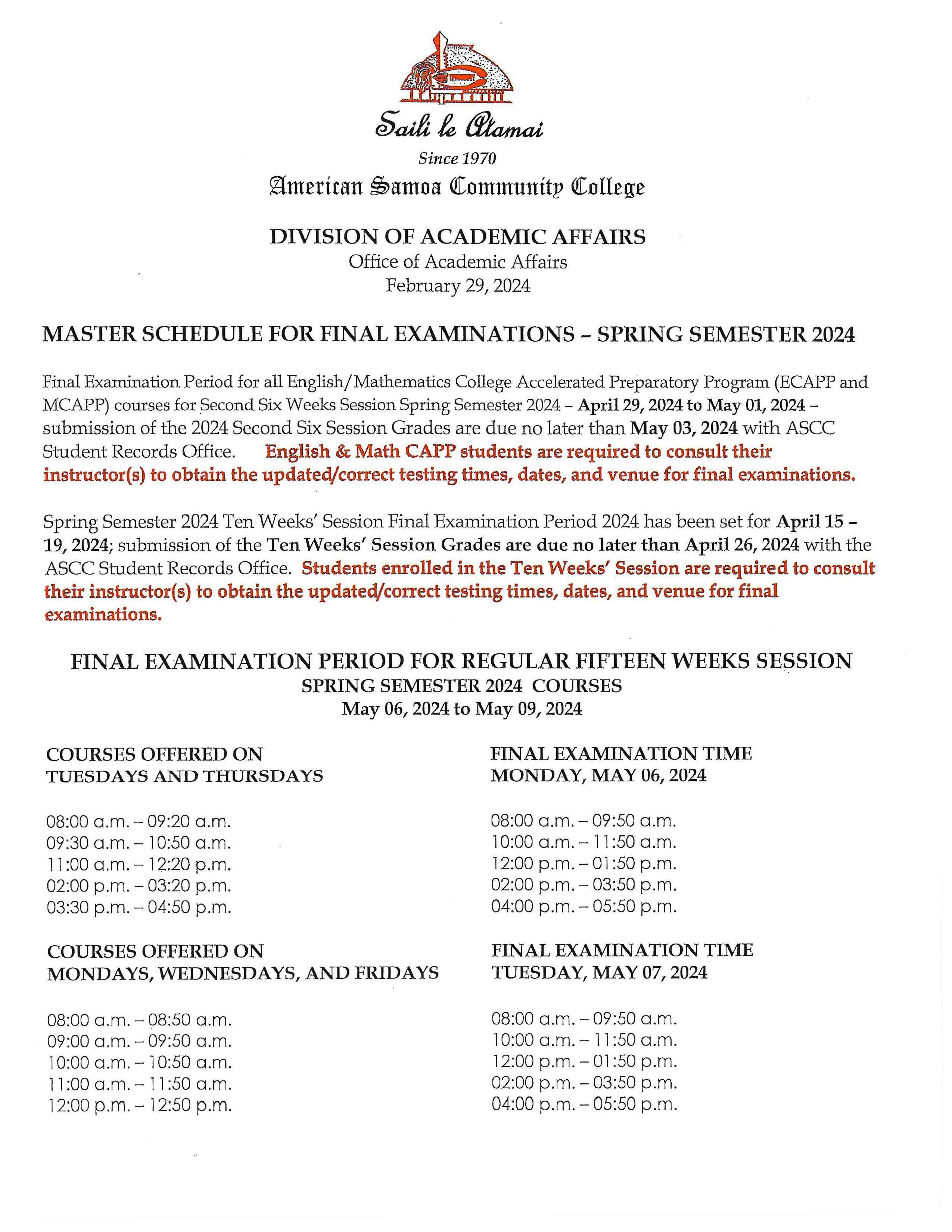 spring 2024 master schedule for final examination page 1