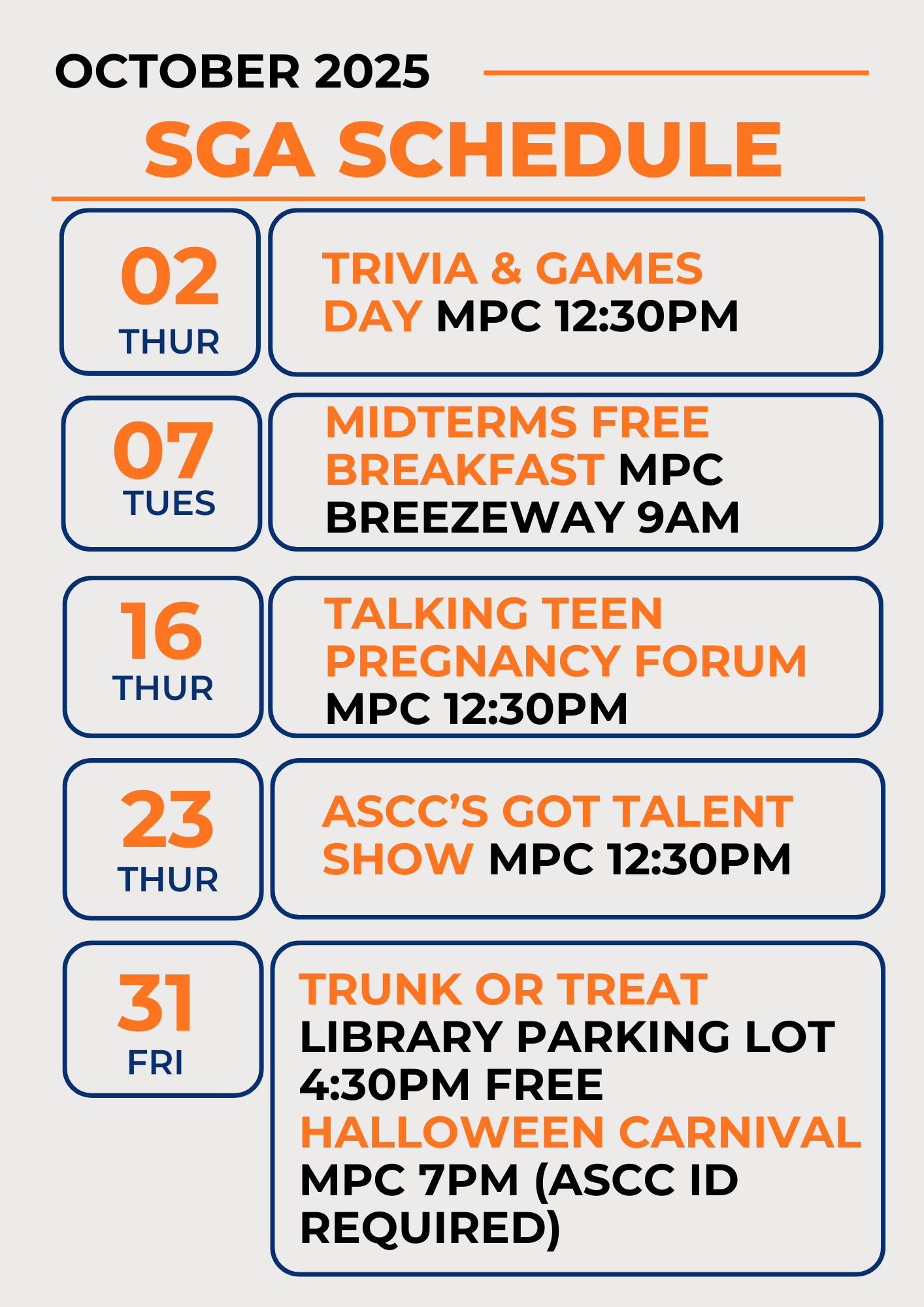 SGA October Schedule 2025